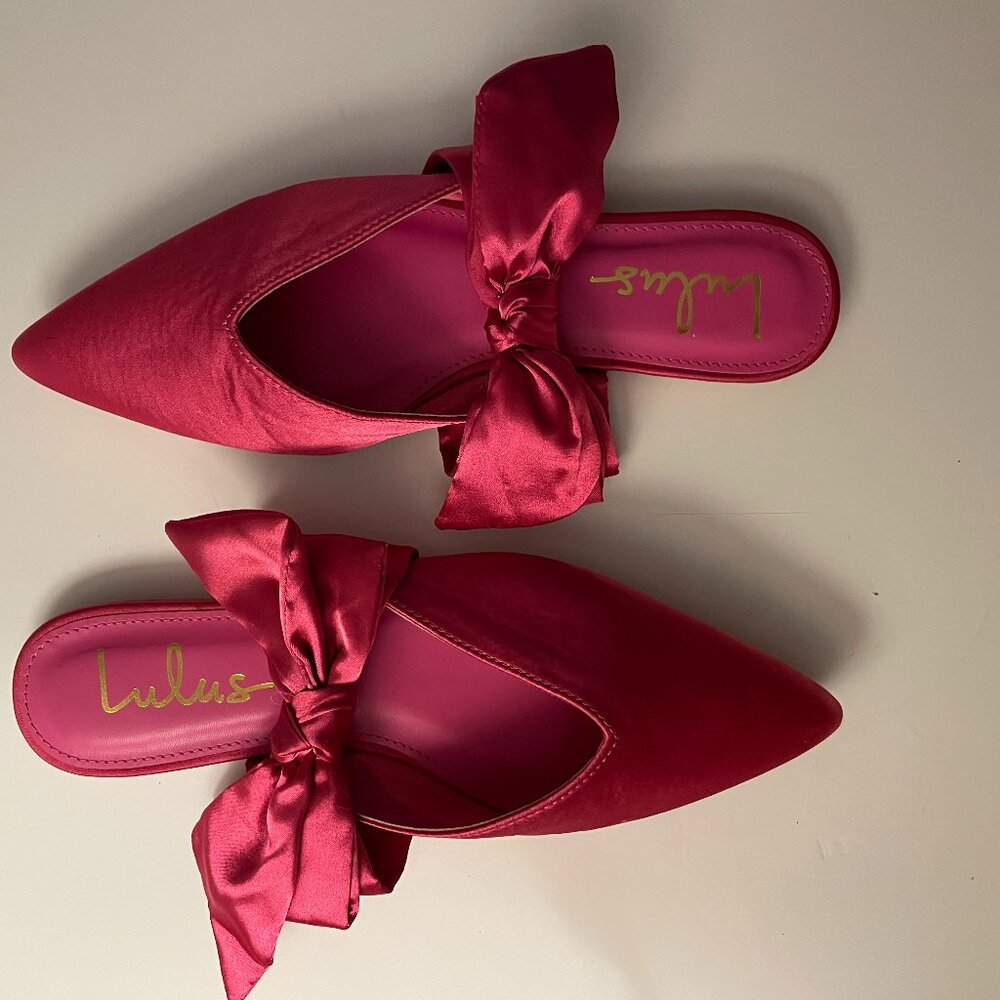 Lulus Sylviee Pink Satin Pointed Toe Bow Mules, Sz 8